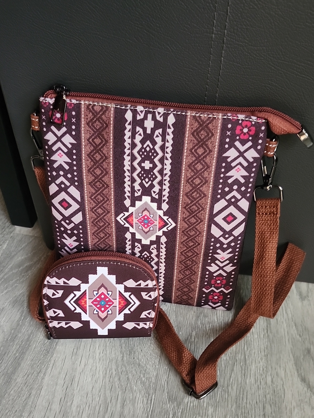 Brown Aztec-Print Crossbody Bag with Coin Pouch